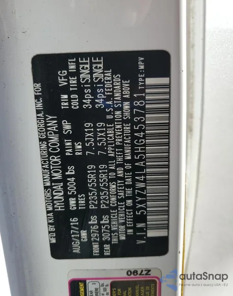 2017 Hyundai Santa Fe Sport from USA, damaged, VIN 5XYZW4LA5HG453781